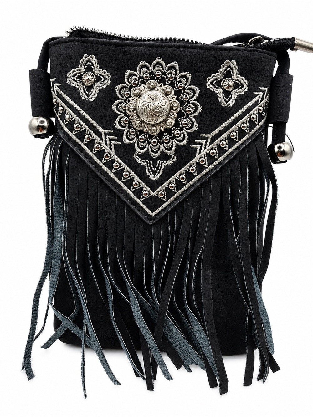 Fringed Embroidered Crossbody Bag - Black